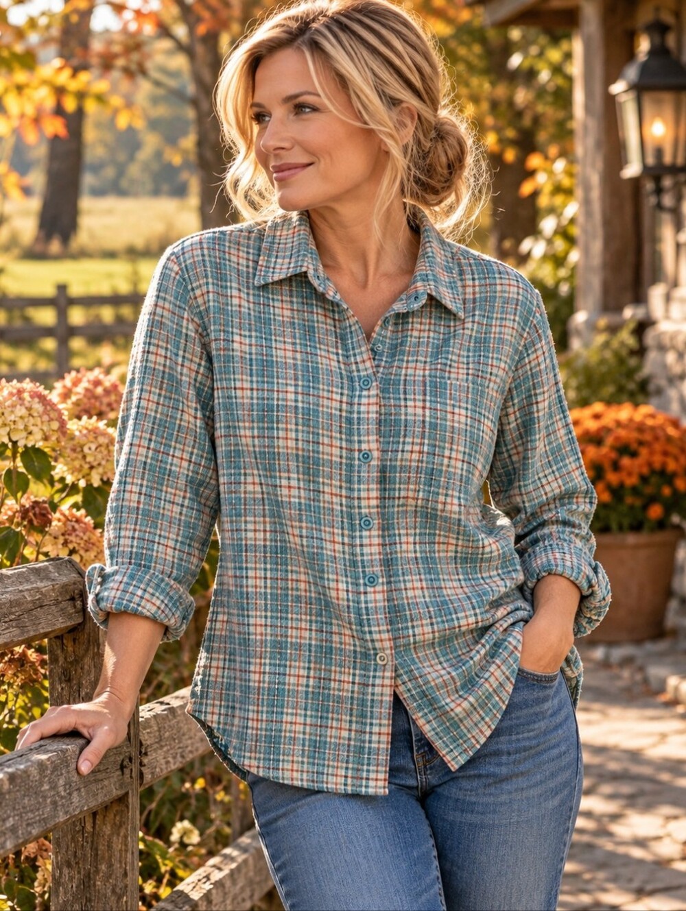 Cabela's Women's Cotton Flannel Plaid Button Down Shirt Teal Cottagecore